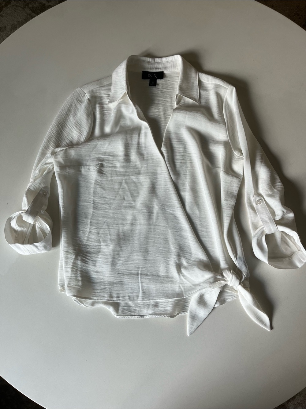 BCX White Tie Wrap Front Collared Blouse, Size Medium